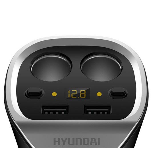 Tẩu cốc ô tô Hyundai mẫu 2 chia điện ra 2 cổng tẩu và 2 cổng usb có đồng hồ báo điện áp