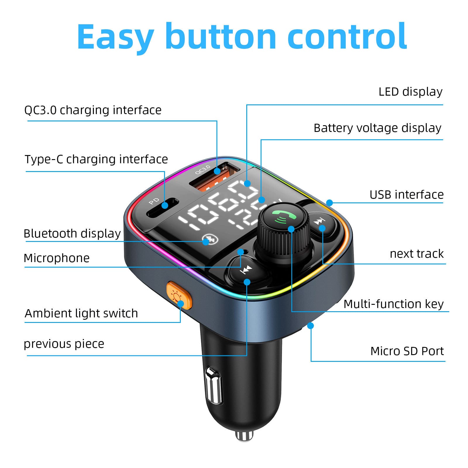 Tẩu nghe nhạc Mp3 Bluetooth trên ô tô có sạc nhanh PD và USB QC 3.0, có đèn màu ( mẫu 9 )