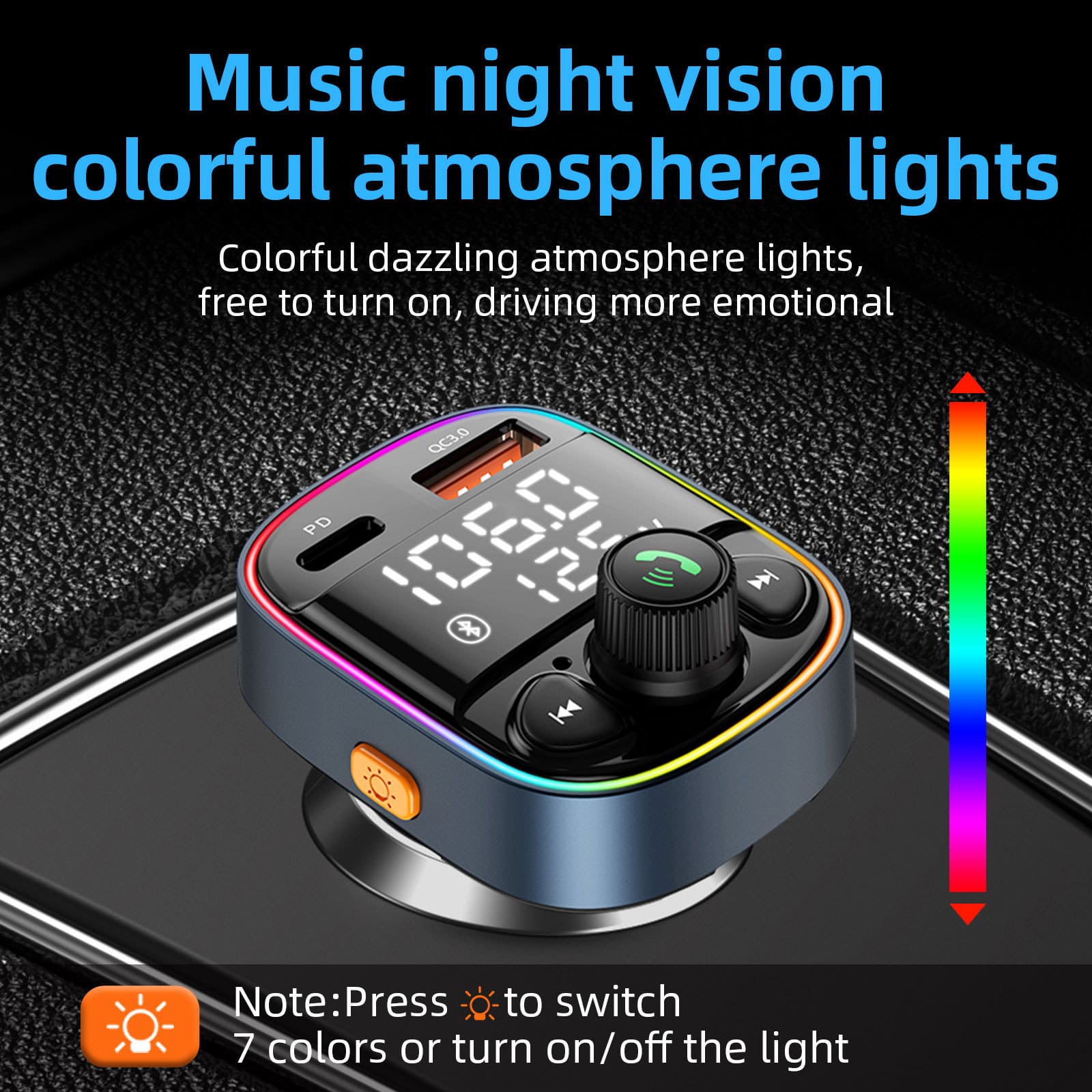 Tẩu nghe nhạc Mp3 Bluetooth trên ô tô có sạc nhanh PD và USB QC 3.0, có đèn màu ( mẫu 9 )