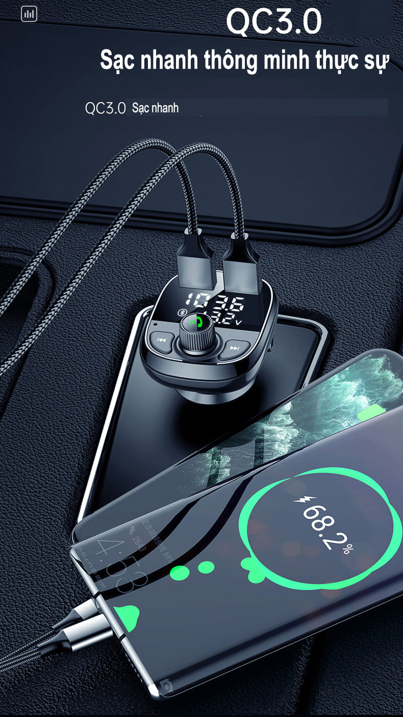 Tẩu nghe nhạc Mp3 Bluetooth trên ô tô có sạc nhanh QC 3.0 ( mẫu 10 )