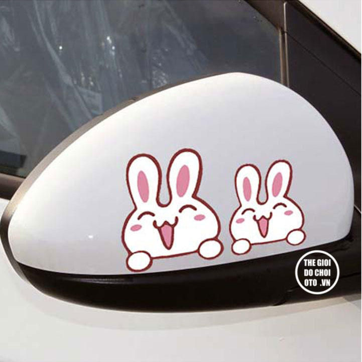 Decal tem hai con thỏ dán trang trí gương ô tô