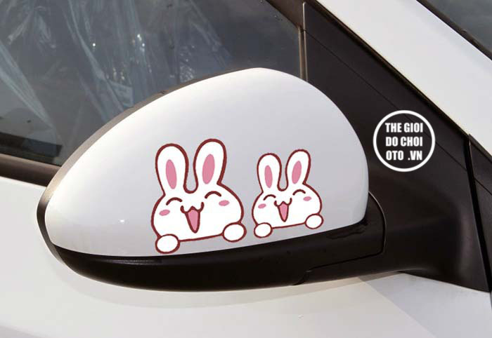 Decal tem hai con thỏ dán trang trí gương ô tô