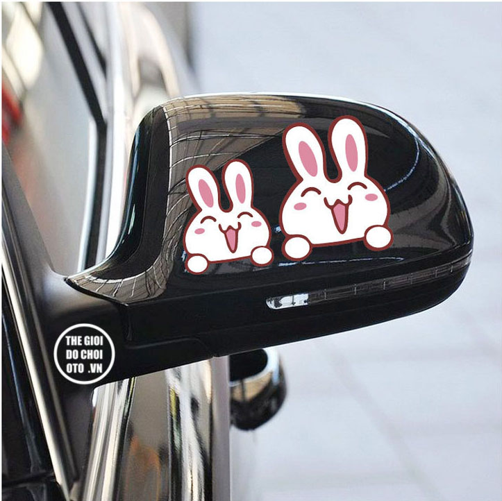 Decal tem hai con thỏ dán trang trí gương ô tô