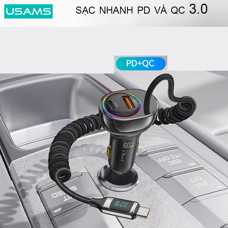 Tẩu sạc nhanh Usams ra PD và USB  có sắn 1 dây sạc xoắn Type C ( mẫu 21 )