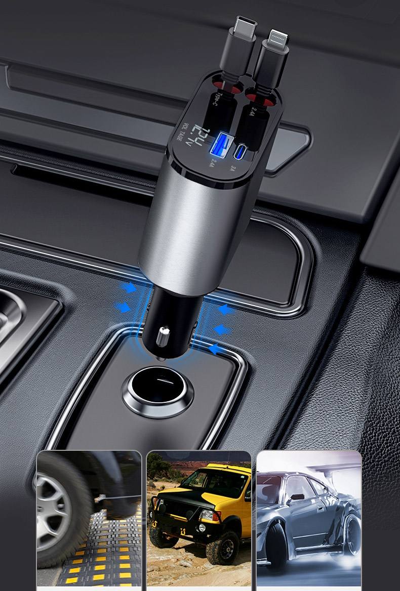 Tẩu Sạc ô tô sạc siêu nhanh có cổng sạc PD và USB và 2 dây sạc thể thu vào ( mẫu 26 )
