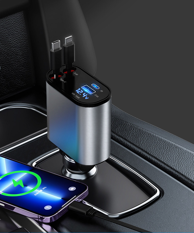 Tẩu Sạc ô tô sạc siêu nhanh có cổng sạc PD và USB và 2 dây sạc thể thu vào ( mẫu 26 )